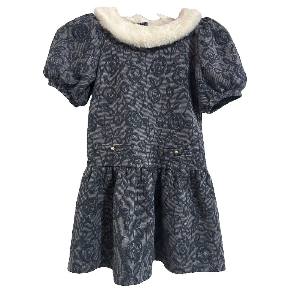 Janie & Jack Kids Girls Jacquard Fur Collar Dress Size 7 NWOT Holiday Festive
